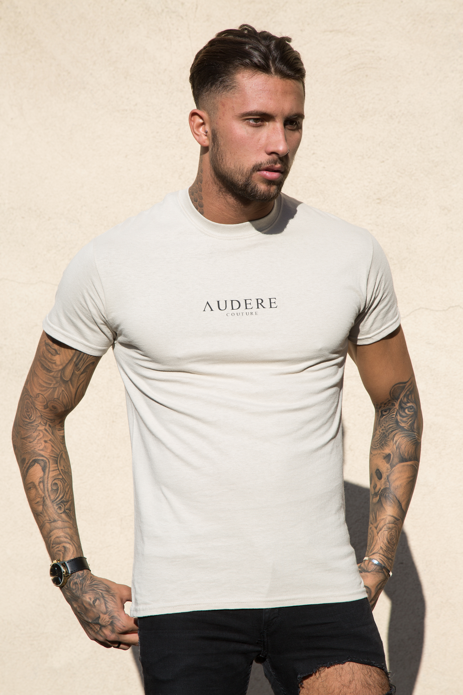 Beige T-shirt Black Print – Audere Couture