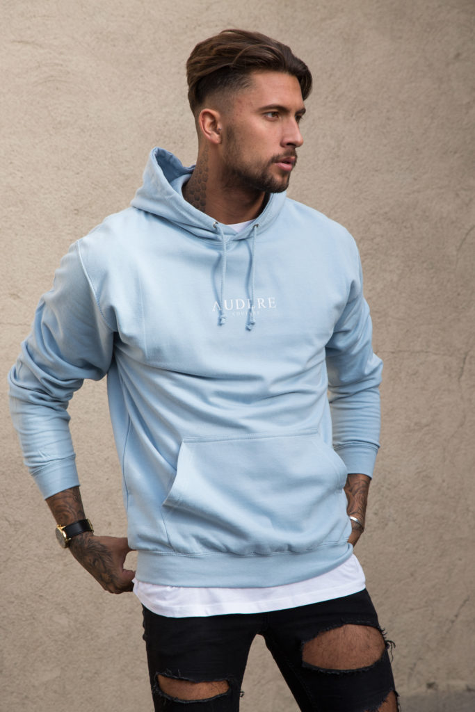 light blue and white hoodie