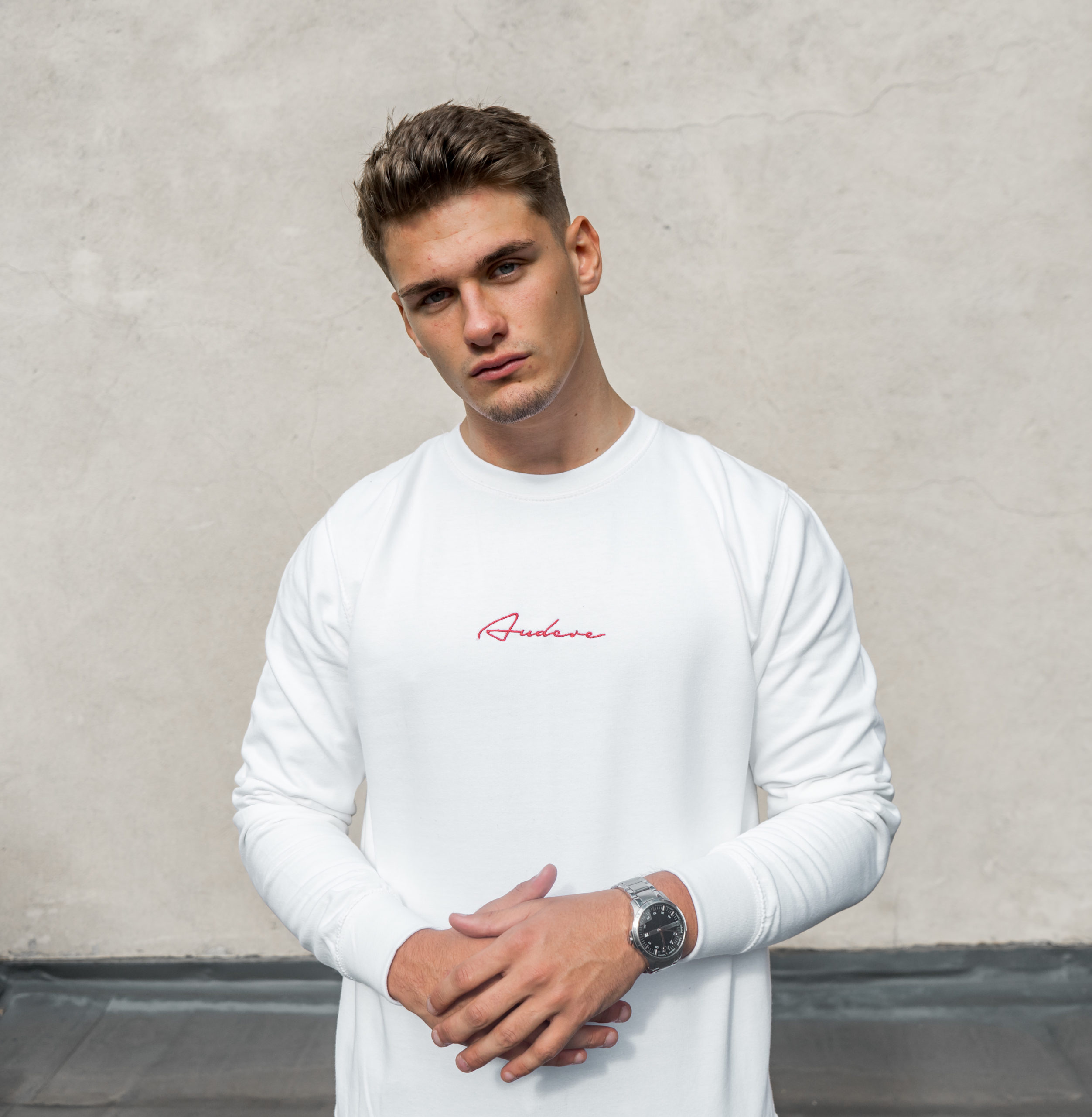 White DR Script Sweater Audere Couture