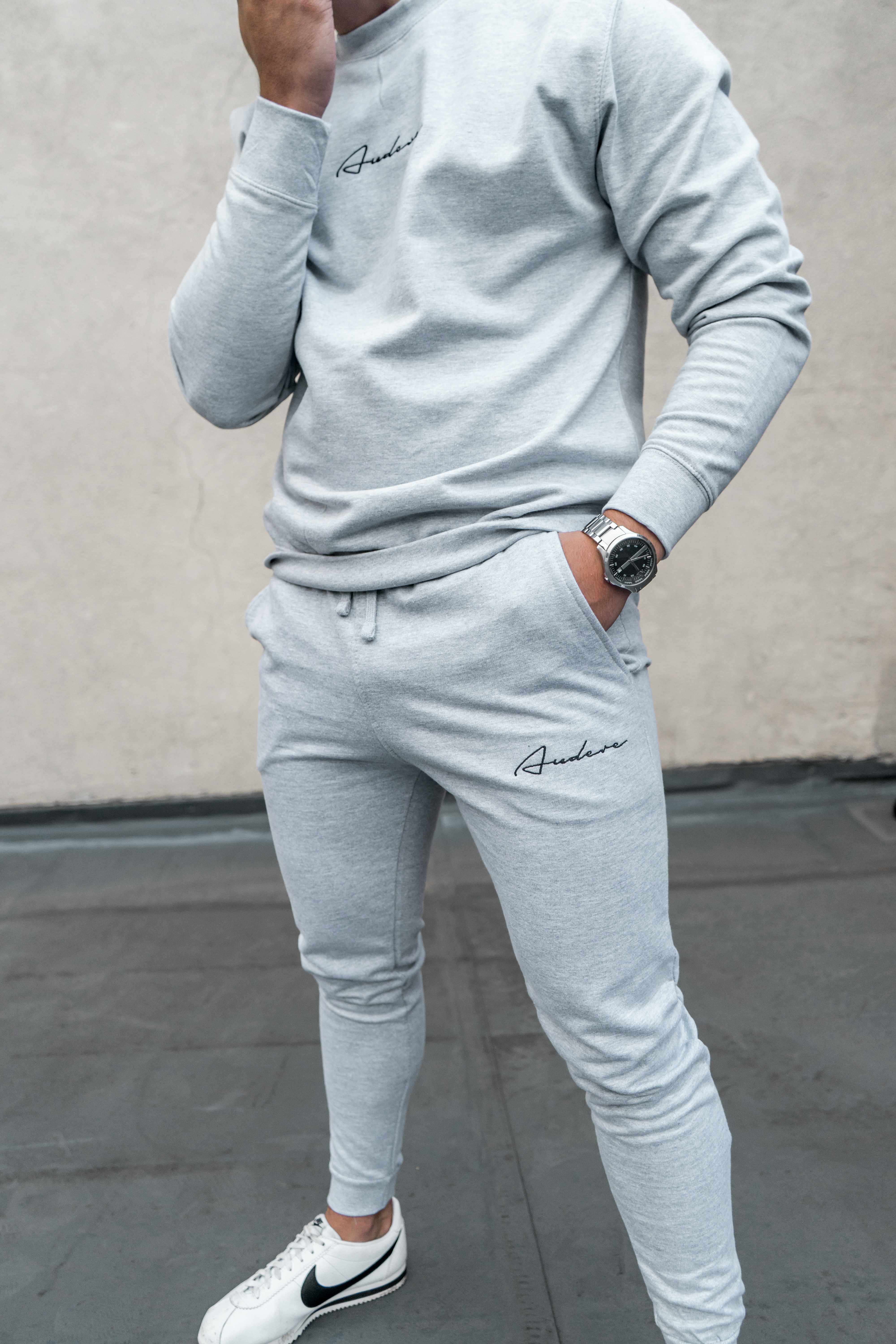 matching grey sweatpants