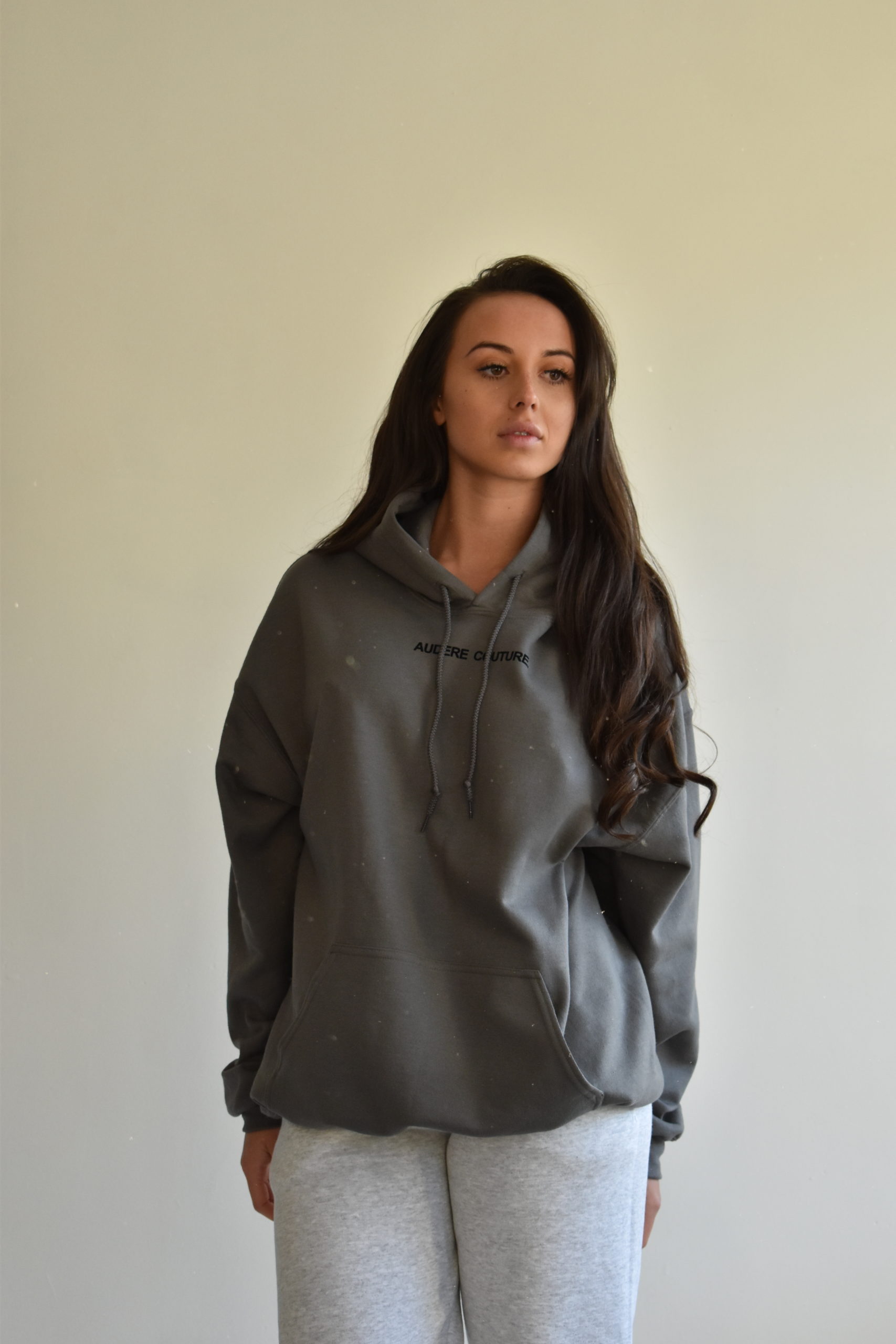 Charcoal Oversized Hood With Black Text Logo – Audere Couture