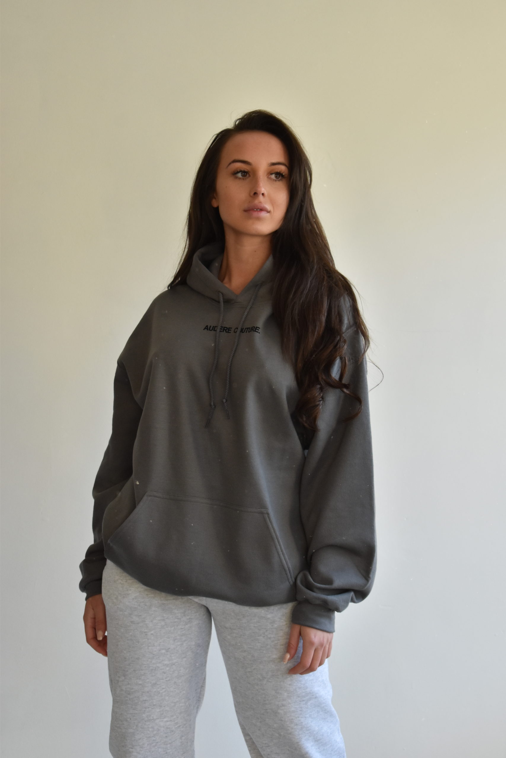 Charcoal Oversized Hood With Black Text Logo – Audere Couture